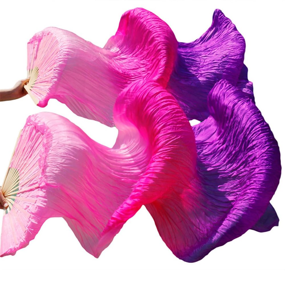 Pulcykp Handmade Women Silk Belly Dance Fan Dance Silk Veils 1 Pair Rainbow Colors Pink Fuchsia Purple XL-230cm-1pair(2pcs)