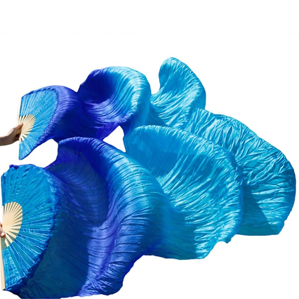 Pulcykp Chinese Silk Veils Dance Fans Pair of Belly Dancing Fans 2Pcs White+ Sky Blue +Blue FS27 1pc Right hand-120cm
