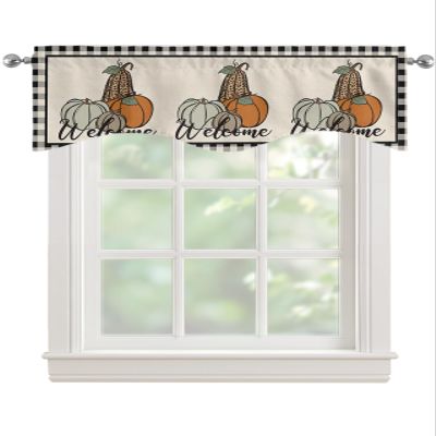 YOKOU Kitchen Valances for Windows Welcome Pumpkin Plaid Vintage Fall Thanksgiving Decoration Light Filtering Short Curtains for Windows Bedroom Privacy Added Rod Pocket Design 42x12inch,1pcs