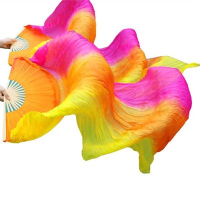 Pulcykp Silk Veils Dance Fans 1 Pair Left+Right Belly Dance Fans Vertical Stripe Rose+Orange+Yellow 180 * 90Cm L