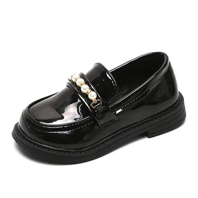 BININBOX Little Girls Patent Leather Oxford Slip-On Penny Loafer Rhinestones Pearls Flats Black White School Uniform Dress Shoes for Toddlers/Little Girls(10 M US Toddler,Black)