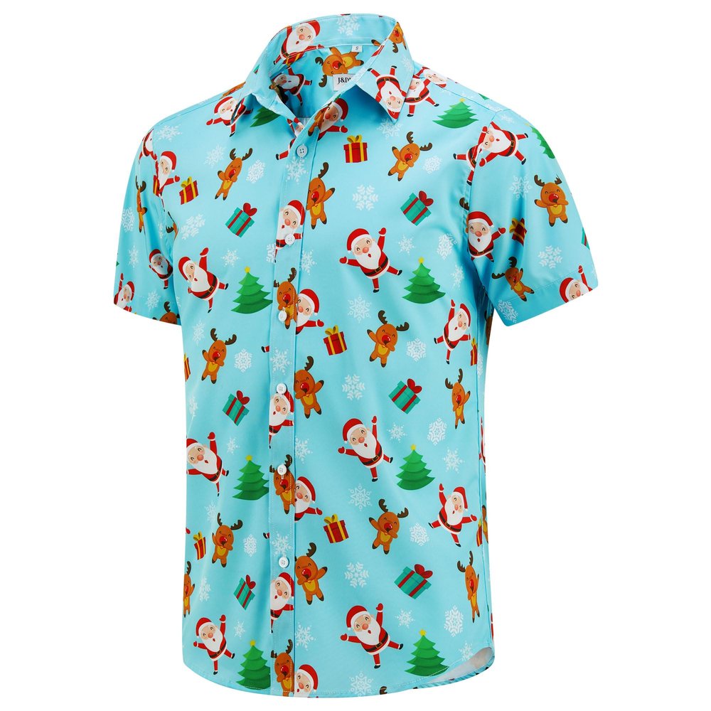 J&DHUASHA Christmas Shirts for Men Santa Snowman Button Down Short Sleeve Shirts Hawaiian Casual Vacation Shirts(Christmas P012, XL)