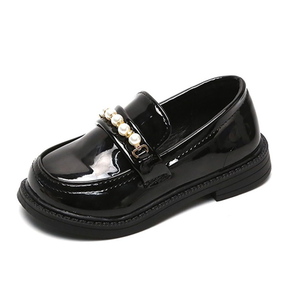 BININBOX Little Girls Patent Leather Oxford Slip-On Penny Loafer Rhinestones Pearls Flats Black White School Uniform Dress Shoes for Toddlers/Little Girls(12.5 M US Little Kid,Black)