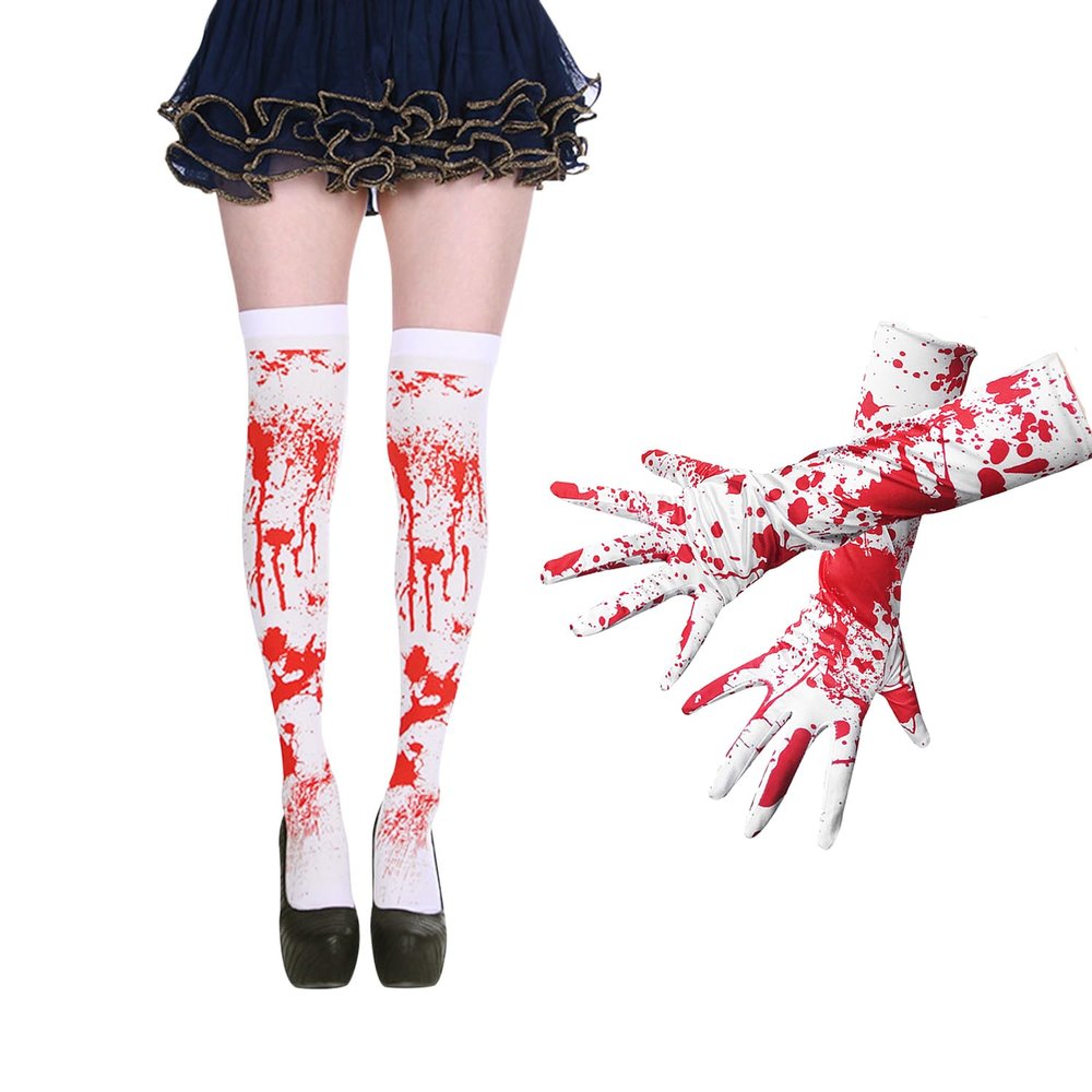 Womens Girls Bloody Stockings Gloves Scary Halloween Costumes Props Thigh High Socks Horror Nurse Cosplay Long Gloves Over Knee Socks Carnival Party Decorations