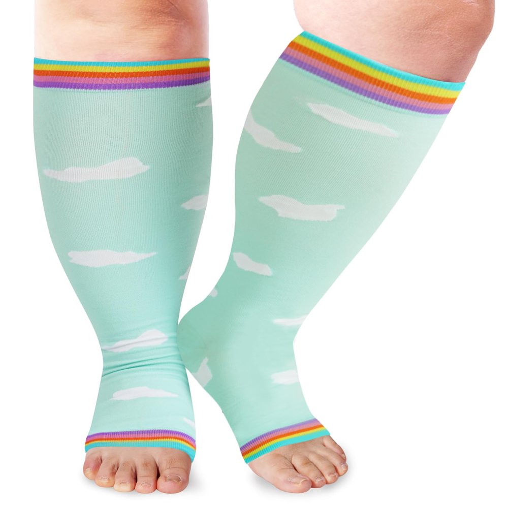 LOUSGUTA Open Toe Plus Size Compression Socks for Women & Men 15-20 mmhg Toeless Wide Calf Compression Support Knee Socks