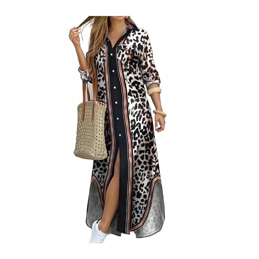 YJKJHAIG Newspaper Dresses Women's Long Sleeve Button Shirt Dresses Casual Floral Printed Dresses Loose Top Dresses (Color : 14, Size : 5X-Large)
