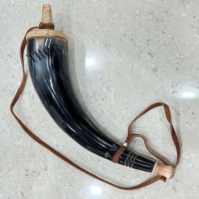 Hand Carved Genuine Gun Powder Real Horn with Leather Strap, Black Powder Holder Reenactment Vikings Style Gift for Men - Birthday Christmas Anniversary