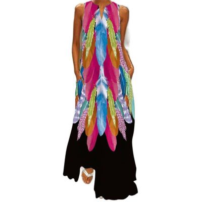 ZONTO Summer Women's Fashion Sexy Digital Print V-Neck Sleeveless Skirt Pocket European and American Dress