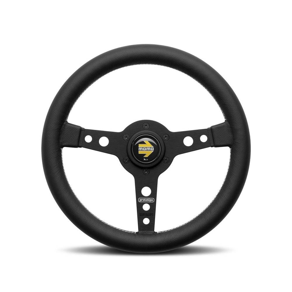 MOMO Motorsport Prototipo Street Steering Wheel,Black Leather Grip,Brushed Black Anodized Spoke,White Stitch,370mm - PRO37BK2B