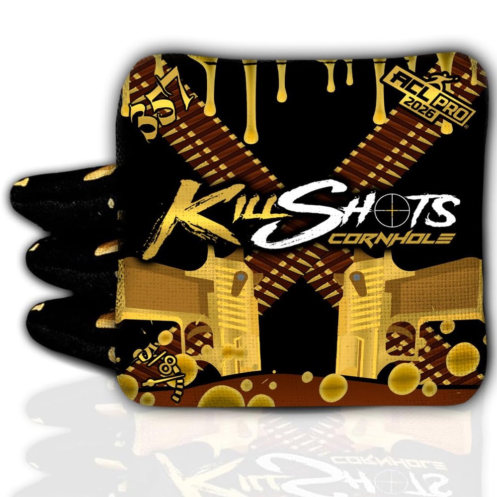 Killshots Cornhole | 357 Series | Limited Edition | 2024 ACL Pro Certified Cornhole Bags | Premium Quality | Dual-Speed | Durable & Weather Resistant | Set of 4 Bags (Gold Pistols)