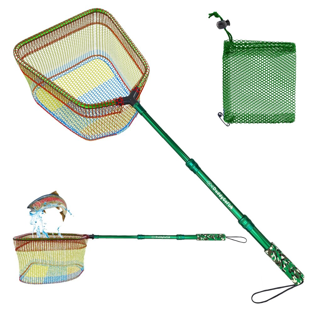DaddyGoFish Kids Fishing Net - Extendable Telescopic Landing Net for Boy Girl Children Catching Small Fish Crab Shrimp Minnow Dragonfly Beach Pier Lake River Ocean (Style 2 (Green))