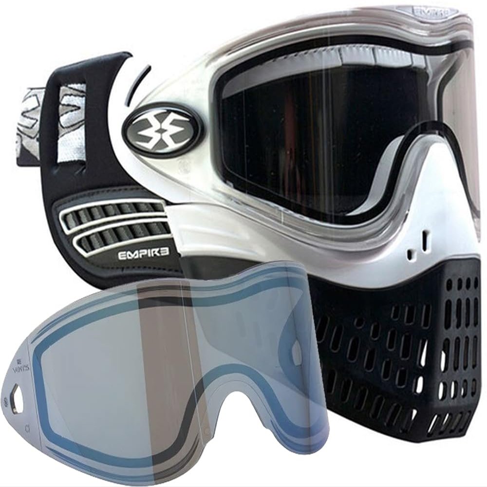 PaintballBodyBags Empire E-Flex Paintball Mask/Goggle White/Black with 2 Quick Change Thermal Lenses (Blue Mirror)