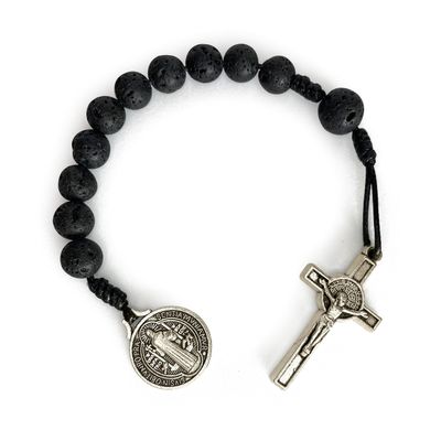 Catholic Prayer Pocket Rosary Saint Benedict Medal Black Lava Beads San Benito Tenner Open Style One Decade Rosary