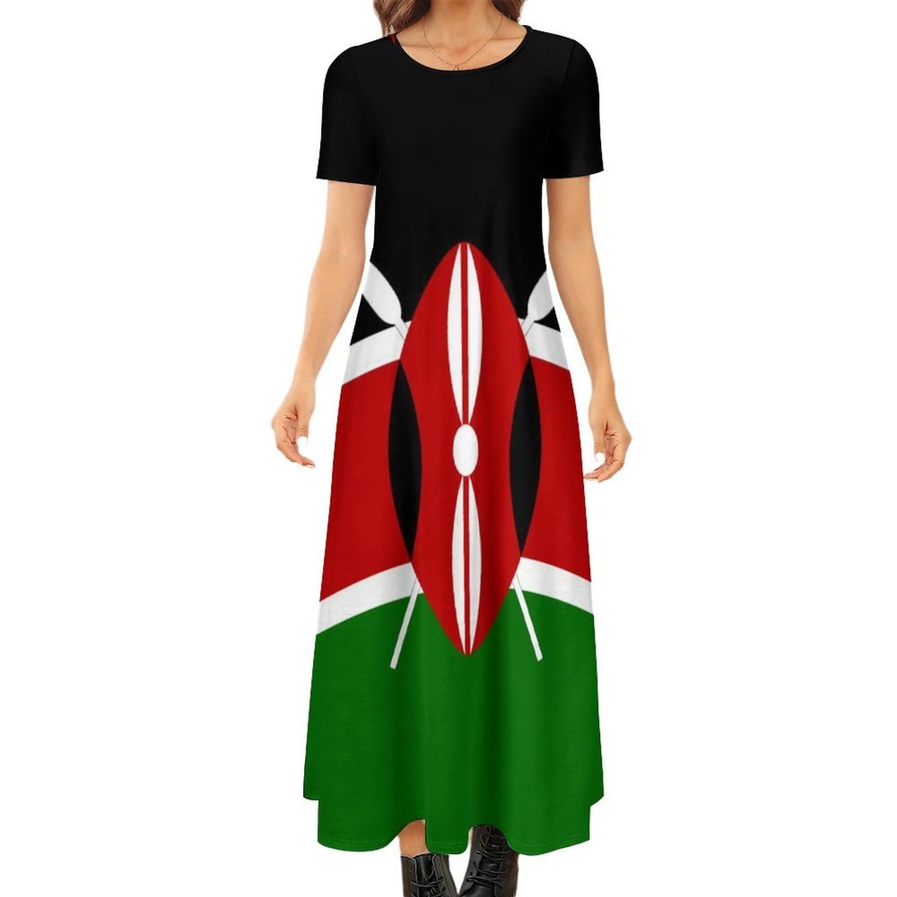Kenyan Flag Women's Summer Casual Short Sleeve Maxi Dress Crew Neck Printed Long Dresses 8XL