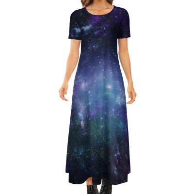Blue Purple Galaxy Women's Summer Casual Short Sleeve Maxi Dress Crew Neck Printed Long Dresses 4XL