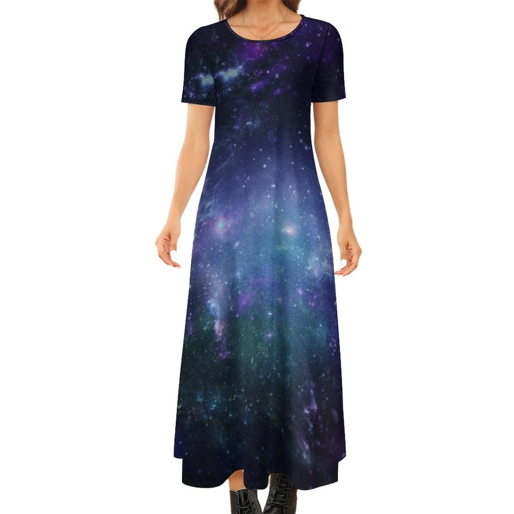 Blue Purple Galaxy Women's Summer Casual Short Sleeve Maxi Dress Crew Neck Printed Long Dresses 4XL