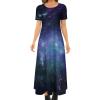 Blue Purple Galaxy Women's Summer Casual Short Sleeve Maxi Dress Crew Neck Printed Long Dresses 4XL view 1