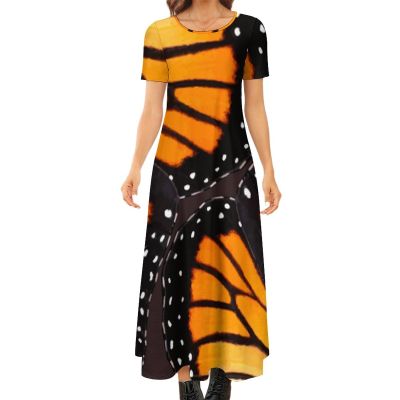 Orange Monarch Butterfly Wings Women's Summer Casual Short Sleeve Maxi Dress Crew Neck Printed Long Dresses L