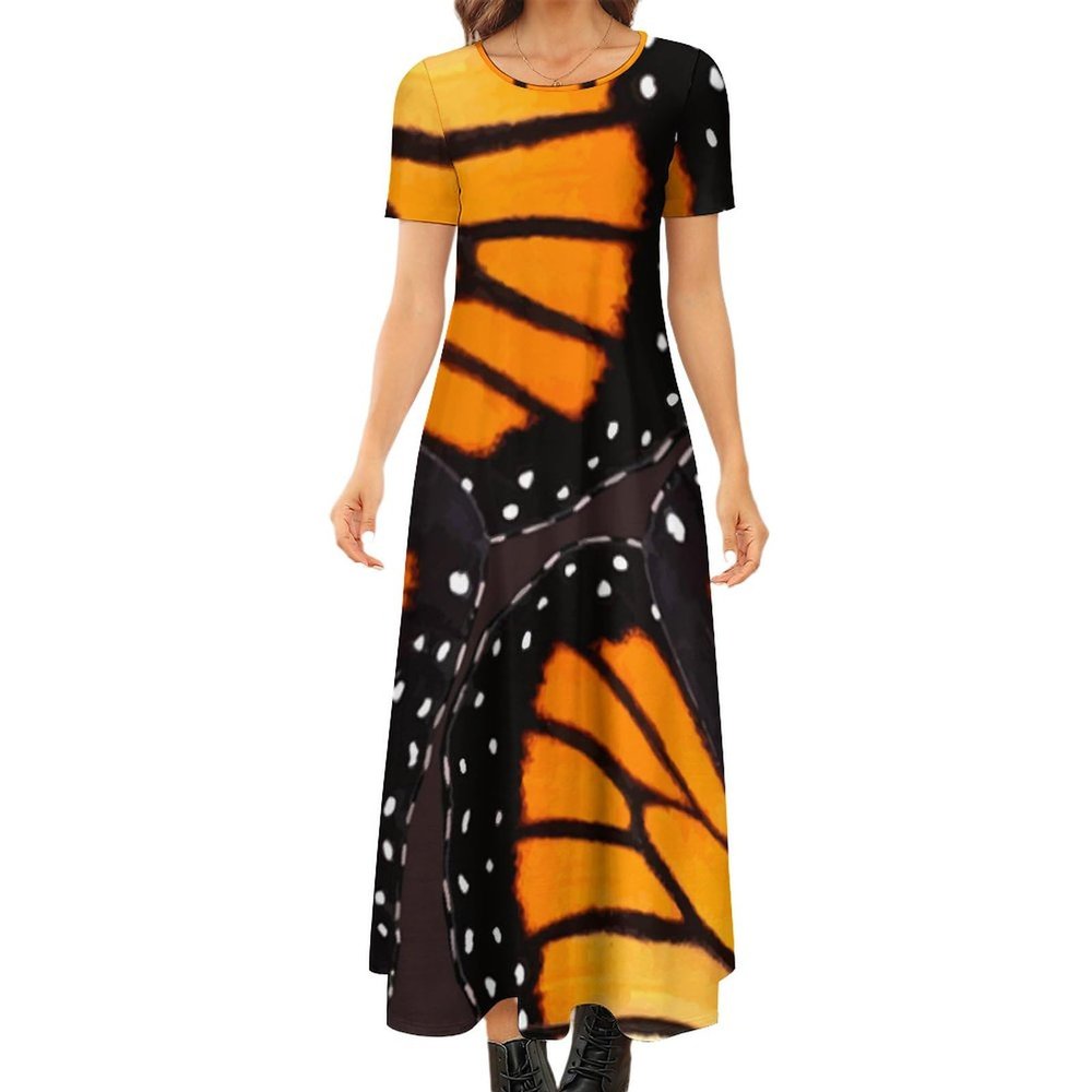 Orange Monarch Butterfly Wings Women's Summer Casual Short Sleeve Maxi Dress Crew Neck Printed Long Dresses L