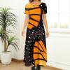 Orange Monarch Butterfly Wings Women's Summer Casual Short Sleeve Maxi Dress Crew Neck Printed Long Dresses L view 2