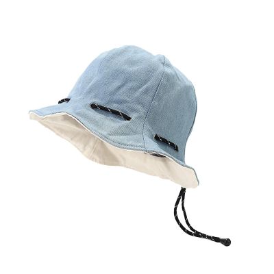Women Cotton Bucket Hat Double-Side-Wear Reversible Drawstring Sun Hat UPF 50 Packable Summer Travel Beach Sun Hat Light-Blue Biege