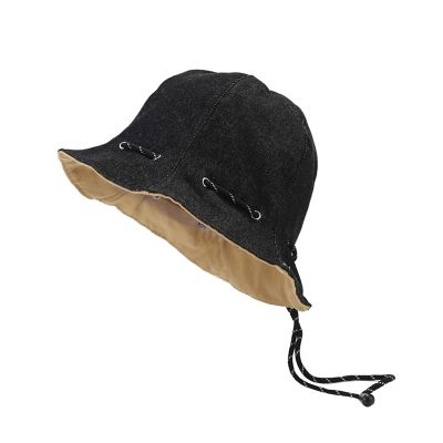 Women Cotton Bucket Hat Double-Side-Wear Reversible Drawstring Sun Hat UPF 50 Packable Summer Travel Beach Sun Hat Black Khaki