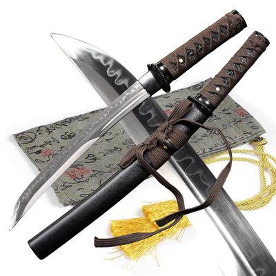 Japanese Samurai Mini Katana T10 Steel Clay Tempered Kokarasuma Traditional Tanto Full Tang Short Knife (Brown ito Tanto)