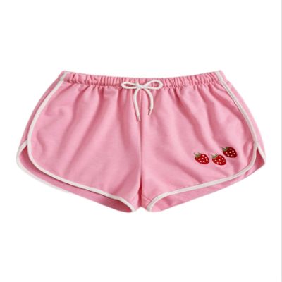KLiHDSM Women's Shorts Strawberry Embroidery Contrast Binding Drawstring Waist Shorts Shorts for Women (Color : Pink, Size : X-Small)