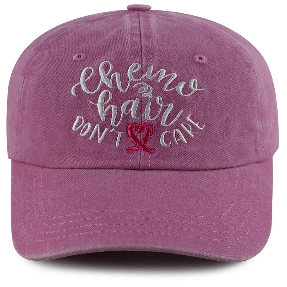 Chemo Hair Don't Care Hat for Women, Funny Adjustable Embroidered Cotton Pink Ribbon Breast Cancer Awareness Caps (Chemo Hair Don't Care Red)