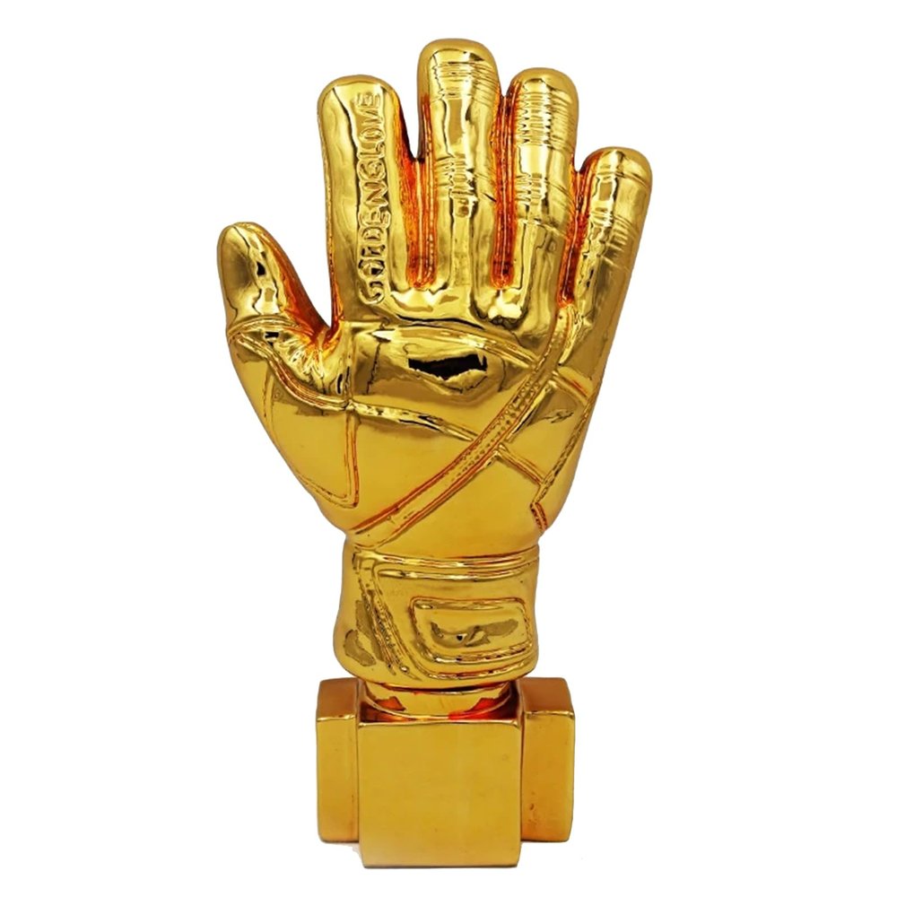 LNGODEHO Golden Football Goalkeeper Gloves Trophy Resin CraftsGold Plated 3D Statue Soccer AwardSchool Match Reward Sports League Souvenirs (Gold Base)