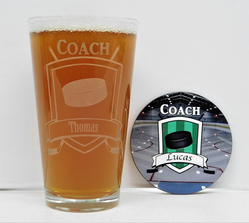 Hockey Glass, Hockey Coach/Assistant Coach or Player Personalized Glass and coaster set (11 oz Rock's Glass, Assistant Coach)