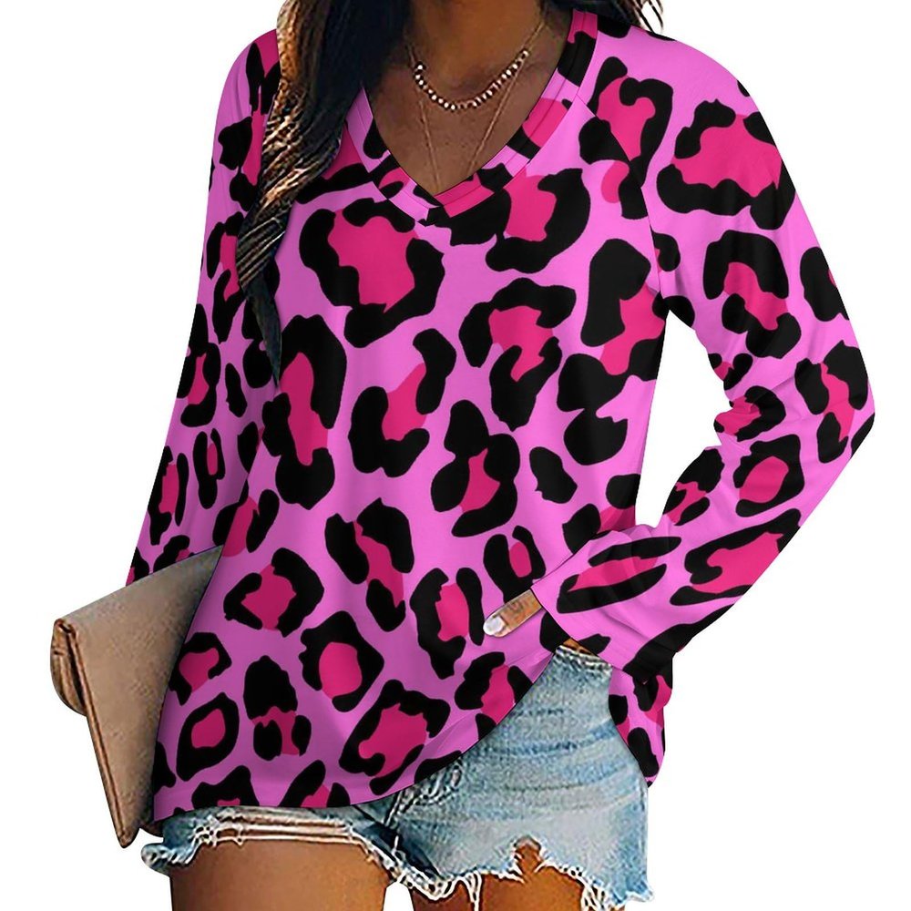 Pink Leopard Print Women's V Neck Long Sleeve T-Shirt Casual Print Graphic Tee Tops 2XL