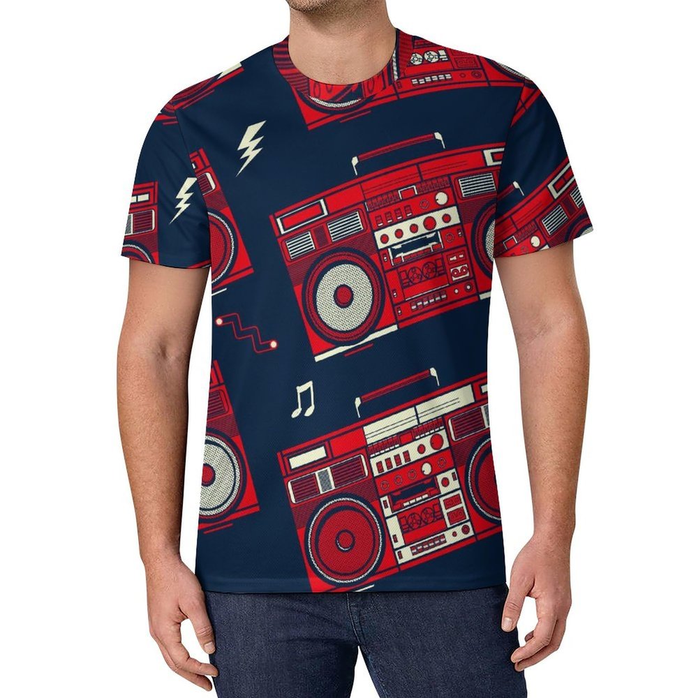 Classic Vintage Retro Style Boombox Radio Men's T Shirts Full Print Tees Crew Neck Short Sleeve Tops XL
