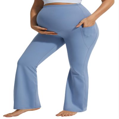 JOYSPELS Maternity Flare Leggings Over The Belly with Pockets  Soft, Comfortable Pregnancy Yoga & Daily & Work Pants Light Blue