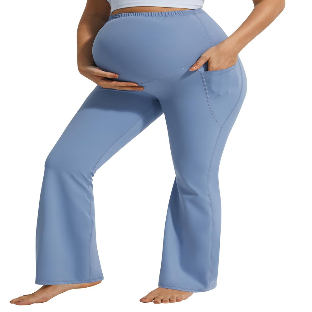JOYSPELS Maternity Flare Leggings Over The Belly with Pockets  Soft, Comfortable Pregnancy Yoga & Daily & Work Pants Light Blue