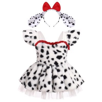 IBTOM CASTLE Baby Girl Halloween Animal Costume Spotted Dog Series Plush Ruffle Dress with Headband Cosplay Fany Dress up Outfit White-Dog 3-6 Months