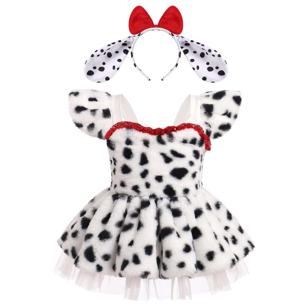 IBTOM CASTLE Baby Girl Halloween Animal Costume Spotted Dog Series Plush Ruffle Dress with Headband Cosplay Fany Dress up Outfit White-Dog 3-6 Months