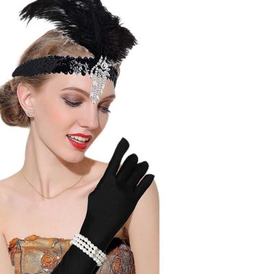 Coridy 1920s Great Gatsby Accessories Set for Women Flapper Headpiece Headband Fashion Roaring 20's Theme Set with Headband Headpiece Long White Gloves for Party
