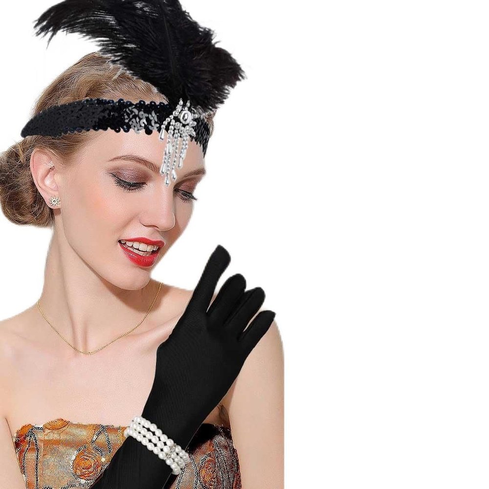 Coridy 1920s Great Gatsby Accessories Set for Women Flapper Headpiece Headband Fashion Roaring 20's Theme Set with Headband Headpiece Long White Gloves for Party