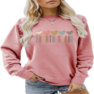 ESIKAH Fourth Grade Teacher Sweatshirt Women 4th Grade Shirts Cute Colorful Leopard Heart Graphic Crewneck Pullover Tops