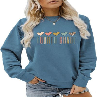 ESIKAH Fourth Grade Teacher Sweatshirt Women 4th Grade Shirts Cute Colorful Leopard Heart Graphic Crewneck Pullover Tops