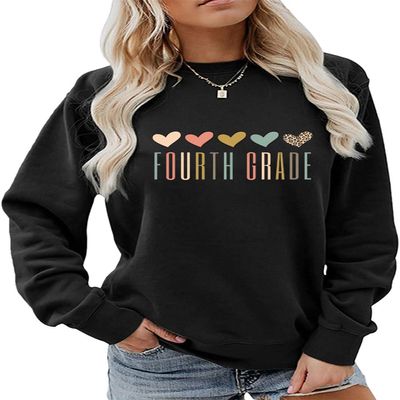 ESIKAH Fourth Grade Teacher Sweatshirt Women 4th Grade Shirts Cute Colorful Leopard Heart Graphic Crewneck Pullover Tops