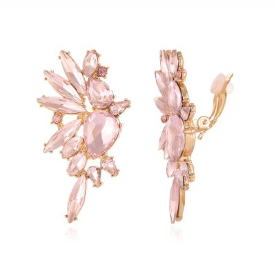 Met-edianger Pink Statement Earrings Rhinestone Clip on Earrings Crystal Non Pierced Drop Dangle Earrings for Women