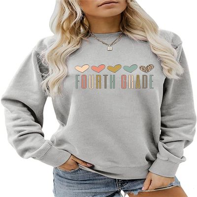 ESIKAH Fourth Grade Teacher Sweatshirt Women 4th Grade Shirts Cute Colorful Leopard Heart Graphic Crewneck Pullover Tops