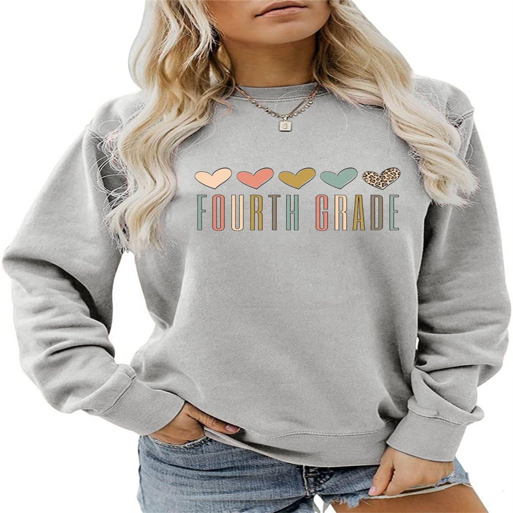 ESIKAH Fourth Grade Teacher Sweatshirt Women 4th Grade Shirts Cute Colorful Leopard Heart Graphic Crewneck Pullover Tops