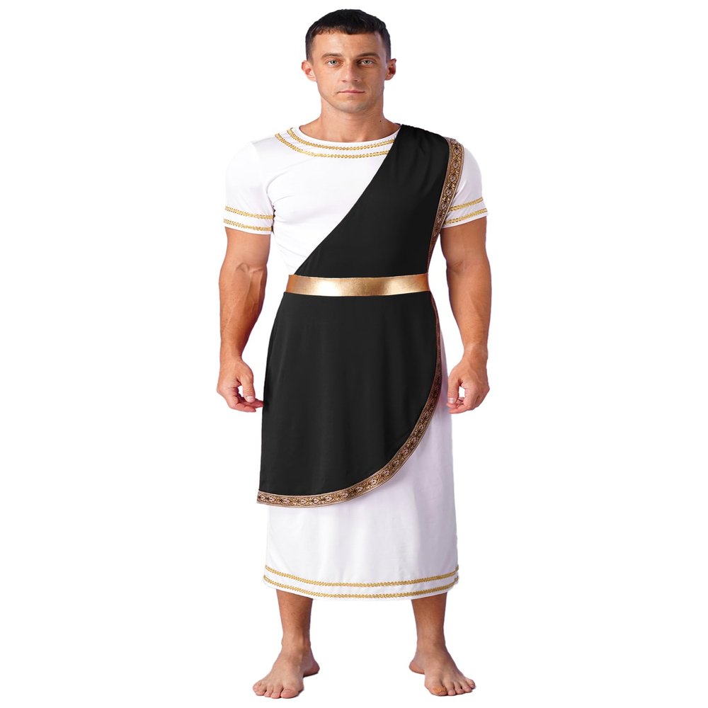easyforever Men's Ancient Greek Costume Robe Short Sleeve Retro Gold Decoration Toga Dress Up Black X-Large