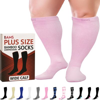 BAMS Plus Size Compression Socks Wide Calf XL XXL XXXL Graduated Knee-High Support, Viscose from Bamboo Easy-On/Easy-Off (Solid Pink, XX-Large)