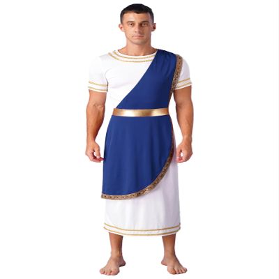 easyforever Men's Ancient Greek Costume Robe Short Sleeve Retro Gold Decoration Toga Dress Up Blue X-Large