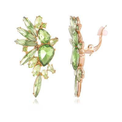 Met-edianger Light Green Statement Earrings Rhinestone Clip on Earrings Crystal Non Pierced Drop Dangle Earrings for Women