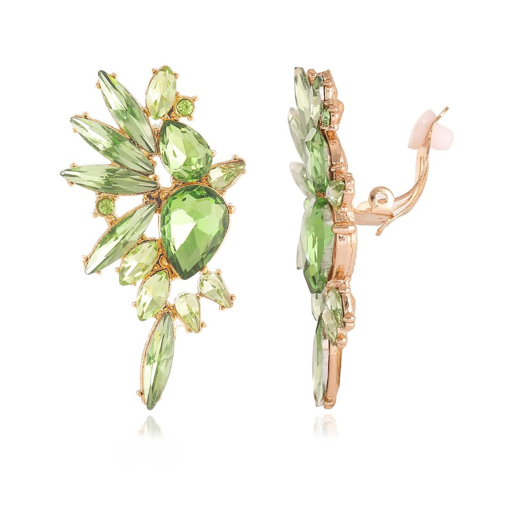 Met-edianger Light Green Statement Earrings Rhinestone Clip on Earrings Crystal Non Pierced Drop Dangle Earrings for Women